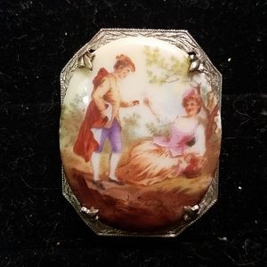 Victorian French Eng painted porcelain pin brooch